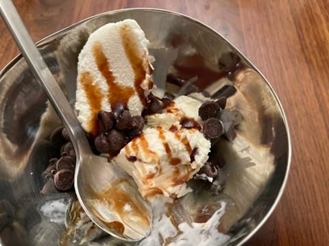 A photo of ice cream in a bowl with chocolate chips and stripes of pomegranate molasses